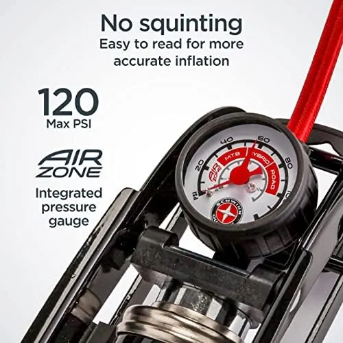 Schwinn High Pressure Foot Pump, Air Base & Air Base Plus, Air-Zoned Pressure Gauge, Fits Both Schrader & Presta, Max 120 PSI