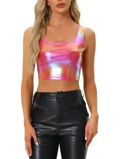 Allegra K Women's U Neck Sleeveless Party Clubwear Shiny Metallic Crop Top