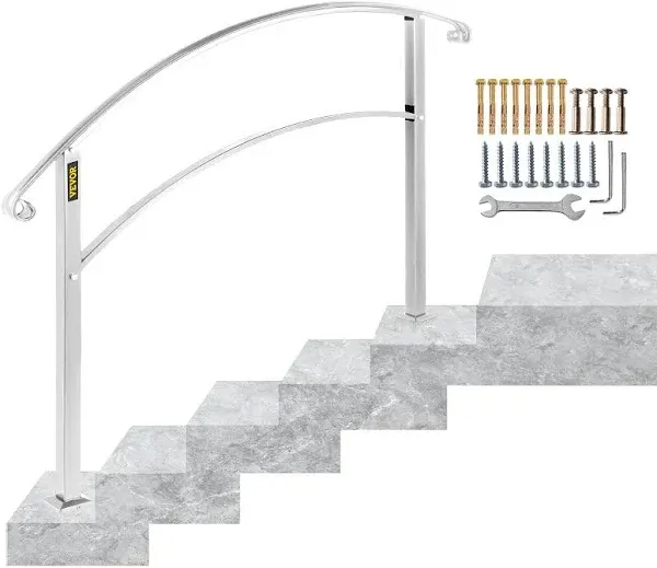 Happybuy Handrails for Outdoor Steps, Fit 1 or 3 Steps Outdoor Stair Railing, White Wrought Iron Handrail, Flexible Front Porch Hand Rail, Transitional Handrails for Concrete Steps or Wooden Stairs