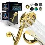 SparkPod 5 Inch 9 Spray Setting Shower Head - Handheld High Pressure Jet with On/Off Switch, Pause and Waterfall Setting- Premium ABS Removable Handheld Shower Head with Hose (Gold)