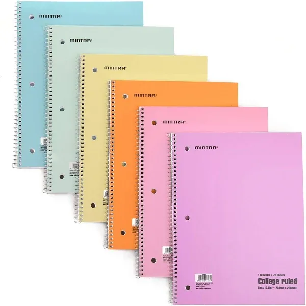 Mintra Office Spiral Notebooks - Solid, College Ruled, 6 Pack, for School, Office, Business, Professional,70 Sheets