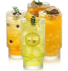 KEMORELA Elegant Highball Glassware Set - 16oz XL Glasses - Mixed Drinks, Iced Coffee, Beer, Juice, Water - Hobnail, Beaded Designs - Set of 4 | Stylish Collection for Any Occasion