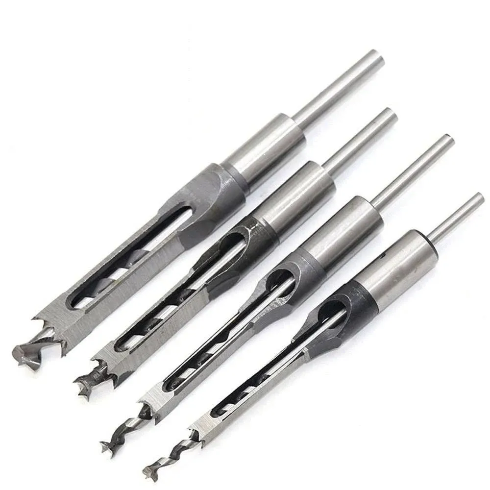 QISF 4Pcs Woodworking Square Hole Drill Bits,Mortise Chisel Hole Saw Drill Bit Set 1/4-1/2-5/16-3/8 inch