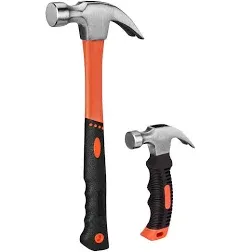 2 Piece Hammer Set,includes 1 Pack 8 OZ Mini Stubby Claw Hammer and 1 Pack 16 OZ Fiberglass General Purpose Claw Hammer,Soft Nonslip Handle & Heat Treated Head,Heavier for Higher Hardness