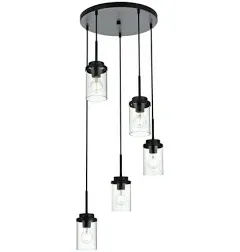 MELUCEE 5-Light Pendant Light Fixtures Ceiling Hanging Cluster Chandelier Black with Clear Glass Shade, Modern Pendant Lighting for Kitchen Island Dining Room Living Room