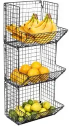 Sorbus Hanging Fruit Basket Wall Mounted Wire Metal Bins - 3 Tier Storage Basket Organizer for Kitchen Storage, Great for Produce Fruits & Vegetables, Potato Onion Storage Bathroom Tower (Black)