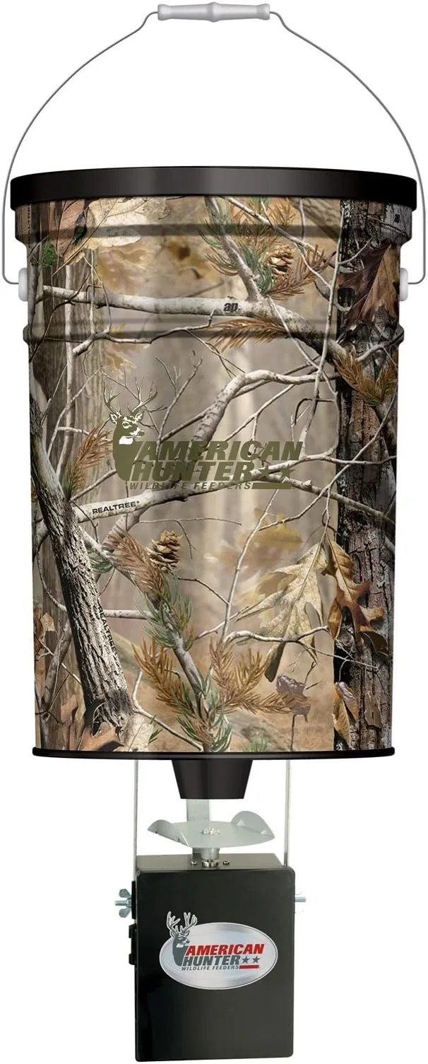 American Hunter 50 LB Hanging Feeder | Hunting Durable Lightweight Camo Metal Game Feeder with Automatic Delivery System | with E-Kit Photocell Kit