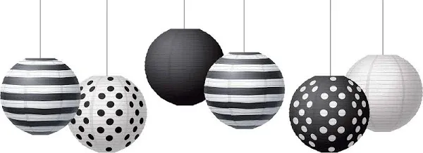 Black & White 8" Hanging Paper Lanterns, Pack of 6