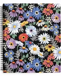 Vera Bradley Blue Floral Large Spiral Notebook, College Ruled Paper, 11" x 9.5" with Pocket and 160 Lined Pages, Daisy Fields Brght