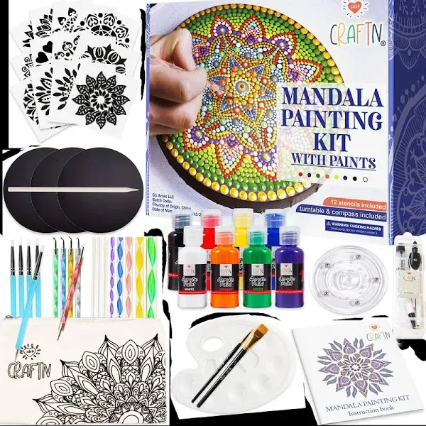 Complete Beginner&#039;s Mandala Painting 48 Piece Kit with Acrylic Paints, Reusab...