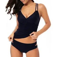 Women's V Neck Tankini Set Criss Cross Back Tankini Top with Bikini Bottom Two Piece Bathing Suits