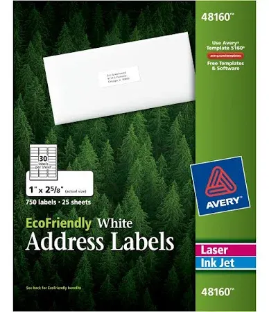 Avery 48160 EcoFriendly Laser/Inkjet Address Labels, 1 x 2-5/8, White, 750/Box