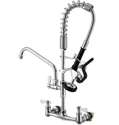 Commercial Sink Faucets with Sprayer 24 Inches Wall Mount Kitchen Faucet with Pull Down Pre-Rinse Sprayer and 10" Swivel Spout 8 Inches Center Compartment Sink Faucet