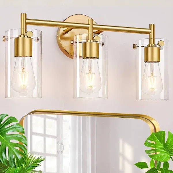 Bathroom Light Fixtures 2023 Upgrade, 3-Light Brushed Gold Bathroom Vanity Light, Gold Bathroom Lights Over Mirror with Clear Glass Shade, Bathroom Wall Sconces for Mirror Bedroom Living Room Hallway