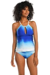 LA BLANCA &#x27;Ocean Oasis&#x27; Ombre Keyhole Tankini Top And Bottom Sz 10  Blue/White