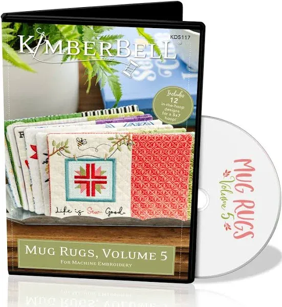 Kimberbell Mug Rugs Volume 2 Machine Embroidery CD - KD517, includes: Directions, 10 Designs, All Designs Made Entirely in 5"x7” Hoop, Plus - 2 Designs Available in 8”x12” Hoop, Made in USA