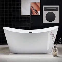 WOODBRIDGE 67" Acrylic Freestanding Bathtub Contemporary Soaking White Tub with Matte Black Overflow and Drain，B0086-MB-Drain&O