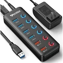 Powered USB Hub, Wenter 6-Port USB 3.0 Hub Splitter (4 USB 3.0 Data Ports + 2 QC 3.0 Fast Charging Ports) with Individual LED On/Off Switches, USB Hub 3.0 Powered with 36W AC Adapter for Mac, PC