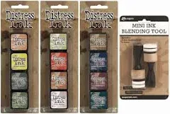 Ranger Tim Holtz Distress Mini Ink Pad Kits 10, 11, 12 and Mini Ink Blending Tool Bundle