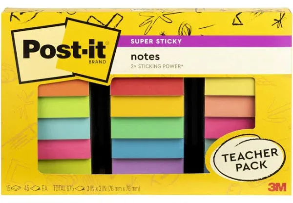 Post-it Super Sticky Notes Teacher Pack, Assorted Colors, 3 in. x 3 in., 15 Pads/Pack, 45 Sheets/Pad (654-15SSBTS-SR)