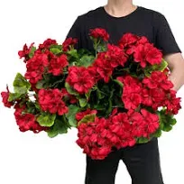 Pack of 4 - Artificial Geraniums Bundles Full Blooms Silk Flower Plants Geranium Bush Red Color for Home Garden Wedding Indoor Outdoor Decor (Red - Pack of 4)