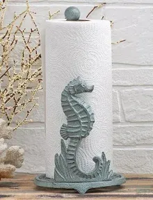 Cast Iron Seafoam Green Sea Horse Coastal Ocean Freestanding Weighted Base Paper Towel Holder