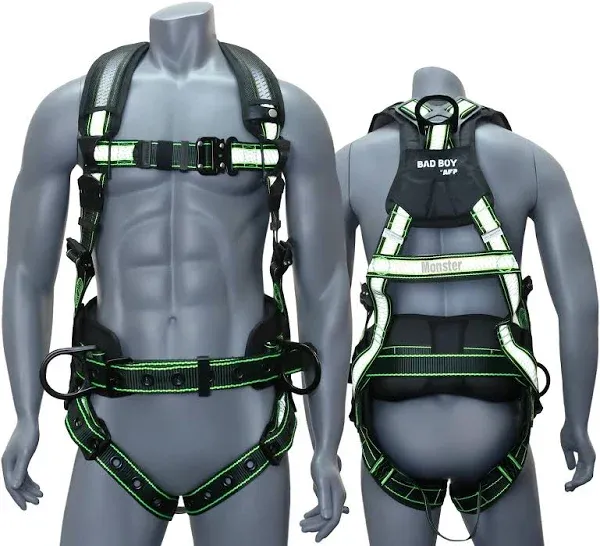 AFP Fall Protection Full-Body Premium Safety Harness, 8” Thick Support Belt, Aluminum D-Rings, Tongue Buckle (OSHA/ANSI PPE)