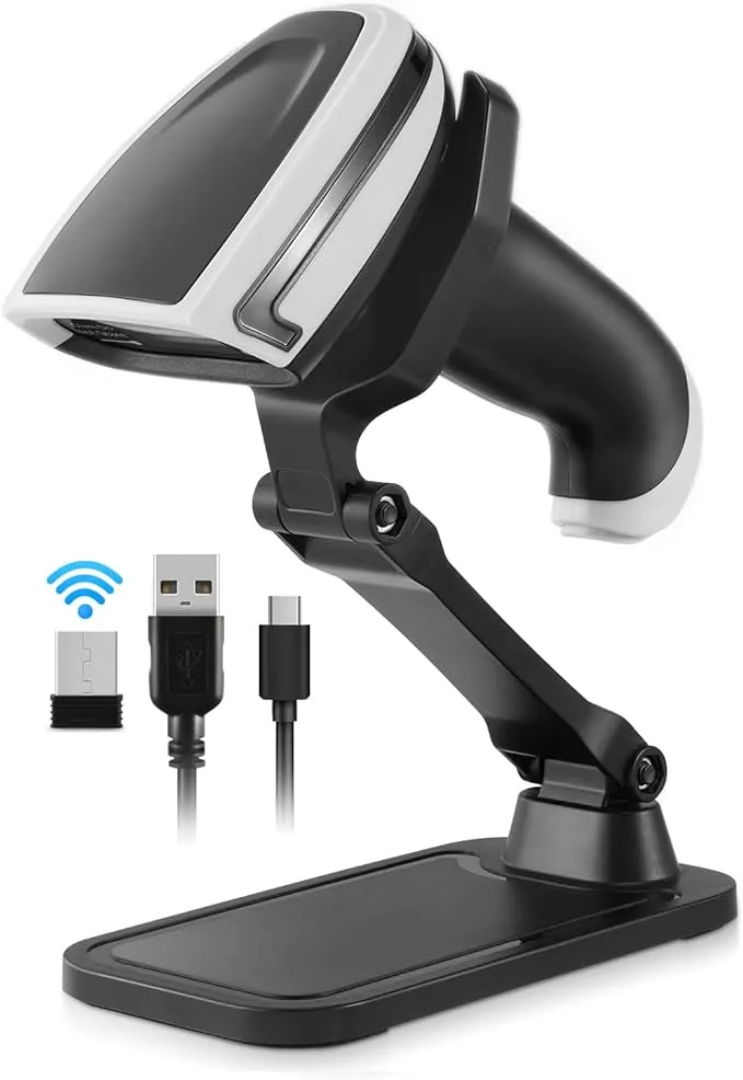 2D Barcode Scanner Wireless, JRHC Bluetooth Qr Code Scanner Handheld Bar Code Scanners with Stand 3 in 1 Bluetooth & 2.4G Wireless & USB Wired Connection 1D&PDF417 Data Matrix Automatic Barcode Reader