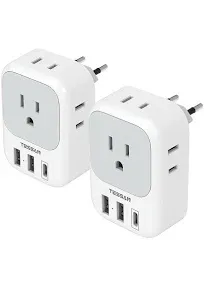 2 Pack European Travel Plug Adapter USB C, TESSAN US to Europe and Italy Plug Adapter with 4 Outlets 3 USB Charger (1 USB C Port)