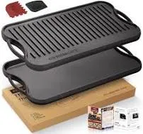 Overmont Pre-seasoned 17x9.8" Cast Iron Reversible Griddle Grill Pan with handles for Gas Stovetop Open Fire Oven, One tray, Scrapers Included