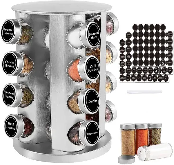 Revolving Countertop Spice Rack Organizer W/16 Jars, Stainless Steel Spice Tower