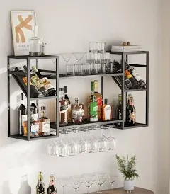 Metal Floating Bar Liquor Shelves 2 Tier, Wall Mounted Wine Rack with Glass Holder Storage, Wall Bar Shelf Wine Display Storage Holder for Kitchen Dining Room Bar (Black)