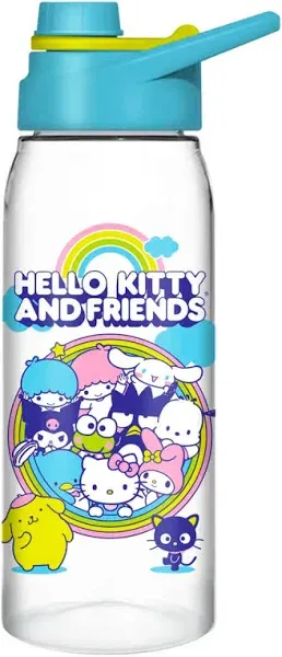 Silver Buffalo Sanrio Hello Kitty and Friends Little Twin Stars, Cinnamoroll, Kuromi, Keroppi, Badtz-Maru, Pochacco, Tuxedo Sam, My Melody, Pompompurin, Chococat Water Bottle with Screw Lid, 28 Ounces