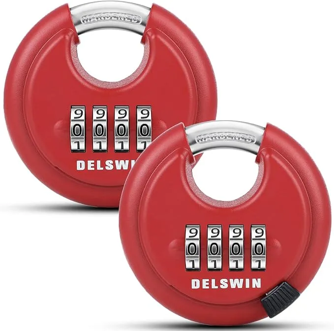 DELSWIN Outdoor Combination Padlock - 4 Digit Heavy Duty Disc Lock with Hardened Shackle,Combo Padlock for Gate,Storage Unit,Fence(25/64" Shackle, Red,2Pcs)