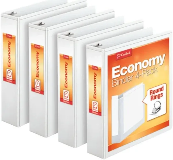 Cardinal Economy 3 Ring Binder, 2 Inch, Presentation View, White, Holds 475 Sheets, Nonstick, PVC Free, 4 Pack of Binders (79520)