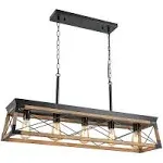 Airposta Farmhouse Rustic Wood Chandelier, 5 Lights Metal Rectangle Dining Room Swag Lighting, Kitchen Island Industrial Linear Cage Pendant Light Fixtures Hanging Lamp