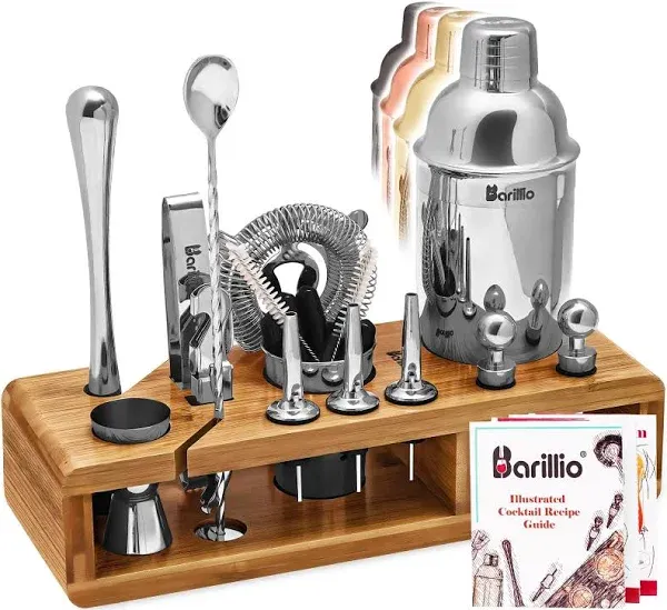 Barillio Bartender Kit - Stainless-Steel Cocktail Shaker Set w/Bamboo Stand - Mixology Bar Tools w/Drink Shaker, Mixer Spoon & Muddler for Cocktails - Home Bar Accessories - 23-Pc Bar Set - Silver