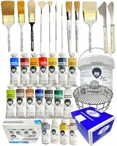 Safran Living Bobross Painting Supplies 33 Piece Complete Master Paint Set - Joy of Painting Kit w/ 10 Brush, 2 Knife, 14 Landscape Oil Colors, Base Coat 4-Pack, CL