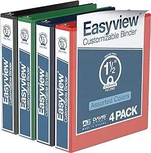 EasyView Premium 1.5-Inch Binders with Clear-View Covers, 3-Ring Binders for School, Office, or Home, Colored Binder Notebooks, Pack of 4, Round Ring, Classic Colors