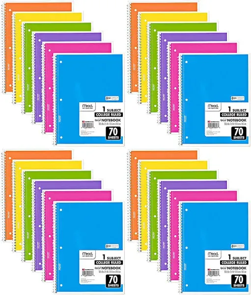 Mead Spiral Notebook, 24 Pack of 1-Subject Wide Ruled Spiral Bound Notebooks, Pastel Color Cute school Notebooks, 70 Pages