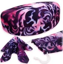 Women extra large sunglasses case - Hard glasses holder in damask print w/ Pouch & Cloth  (AS179 Damask)