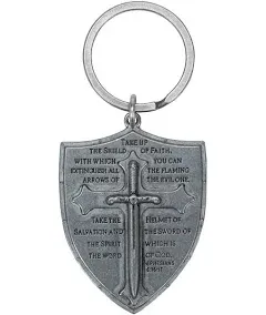 Roman Armor Cross Shield Inspirational Silver Tone Key Chain