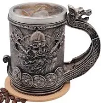 Medieval Viking Mug Beer Stein Tankard,Stainless Steel Drinking Tankard Mug Coffee Cup,Norse Mythology Poetic Gothic Decor Party Decoration Drinkware Gift for Men18OZ(Drakkar Warrior)