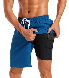 difficort Mens Swim Trunks with Compression Liner Quick Dry Bathing Suits Shorts with Zipper Pockets