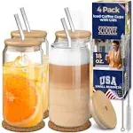 Iced Coffee Cups with Lids -18 Oz 4 Pcs, Drinking Glasses with Bamboo Lids &amp; ...