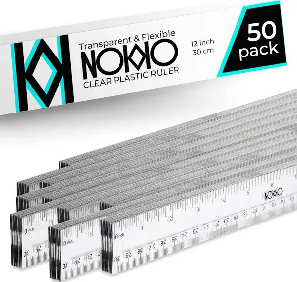 NOKKO Rulers Bulk for Classroom - Pack of 50 - Clear Plastic Ruler 12 Inch / 30 cm - Transparent School Ruler with Inches and Centimeters - Back to School Supplies for Kids, Students and Teachers