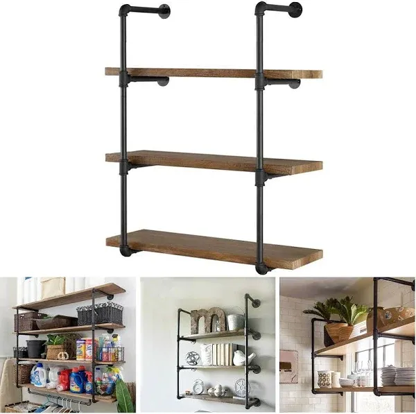 Melody House Industrial Pipe Shelving Wall Mounted Rustic Floating Shelves Iron Shelves for Wall DIY Bookshelf Brackets for Home Kitchen Office (4 Tier, 2 Pcs, 37” Tall, 12” Deep)