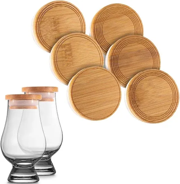 Cairncaps Bamboo Whiskey Glass Lids - Set of 6 Caps for Whisky Tasting Glassware