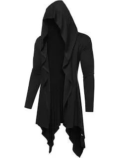 COOFANDY Long Hooded Cardigan Ruffle Shawl Collar Open Front Lightweight Drape Cape Overcoat with Pockets