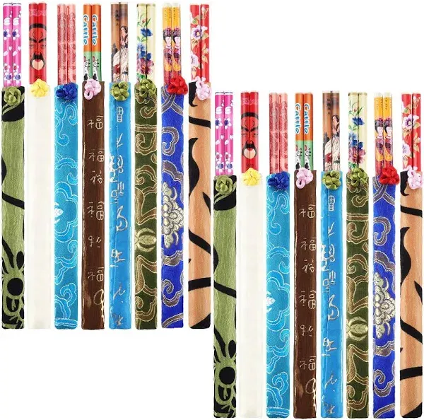 20 Pairs Chinese Bamboo Chopsticks with Elegant Silk Brocade Pouch Multicolored for Chinese New Year and Valentine's Day